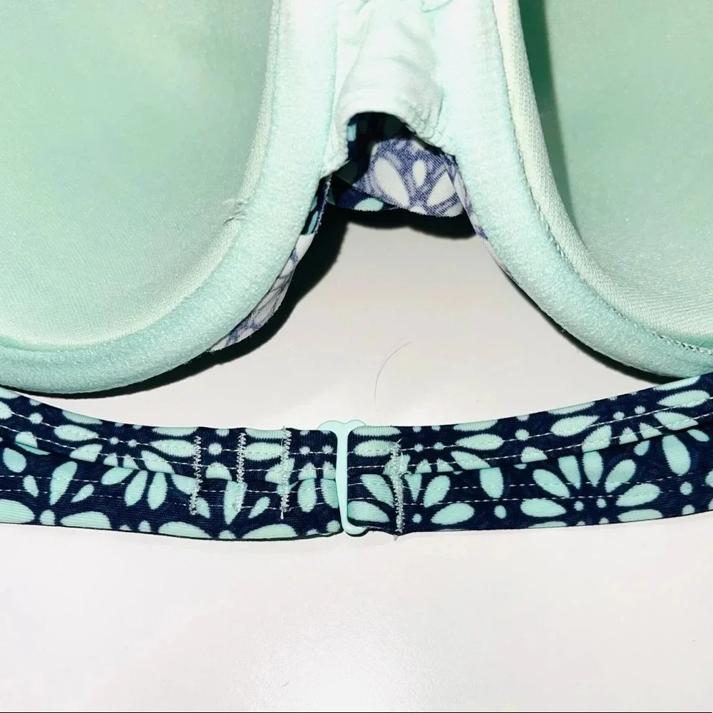 aerie Navy Blue & Mint Green Floral Print Ruffle Push-up Bikini Top 36B Women’s